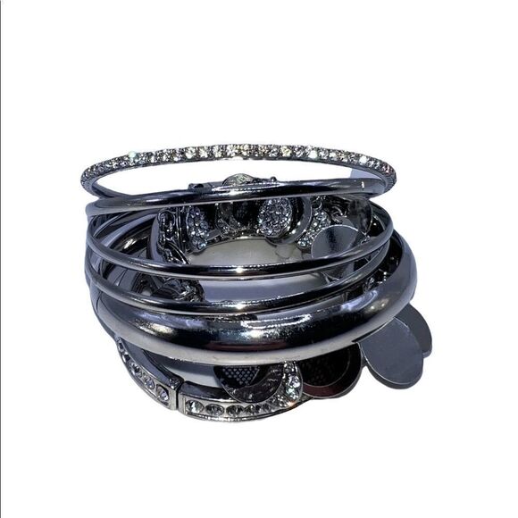 Style & Co 7 Piece Set Crystal & Printed Insert Bangle Bracelets Silver Tone NWT - Picture 2 of 4